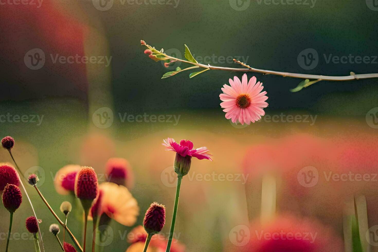 blommor i en fält med en träd gren. ai-genererad foto