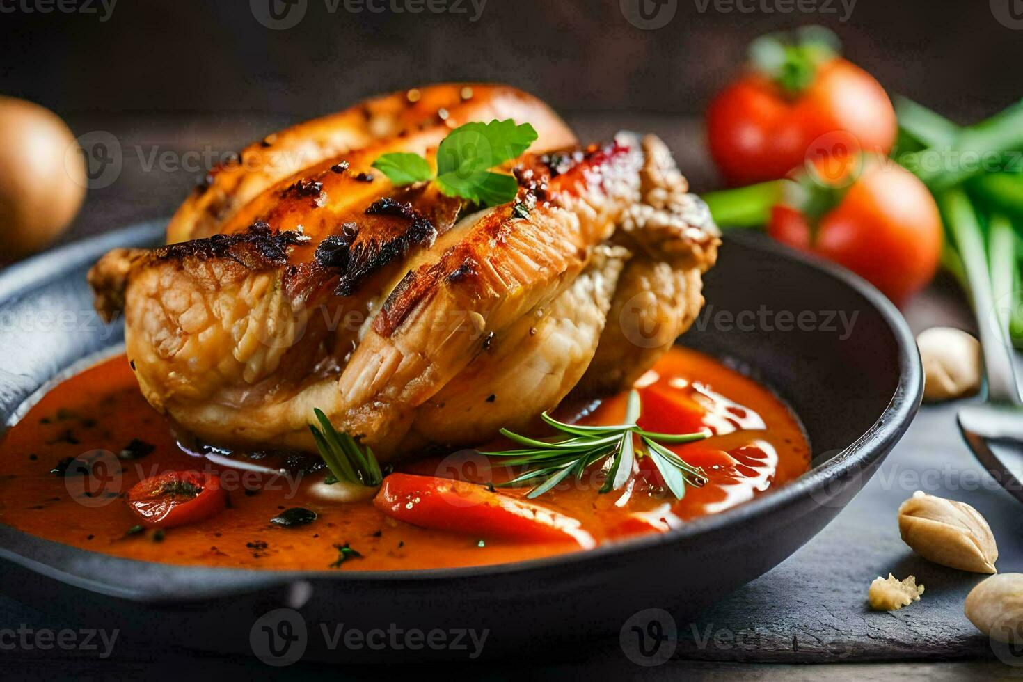 en kyckling bröst med sås och grönsaker på en svart tallrik. ai-genererad foto