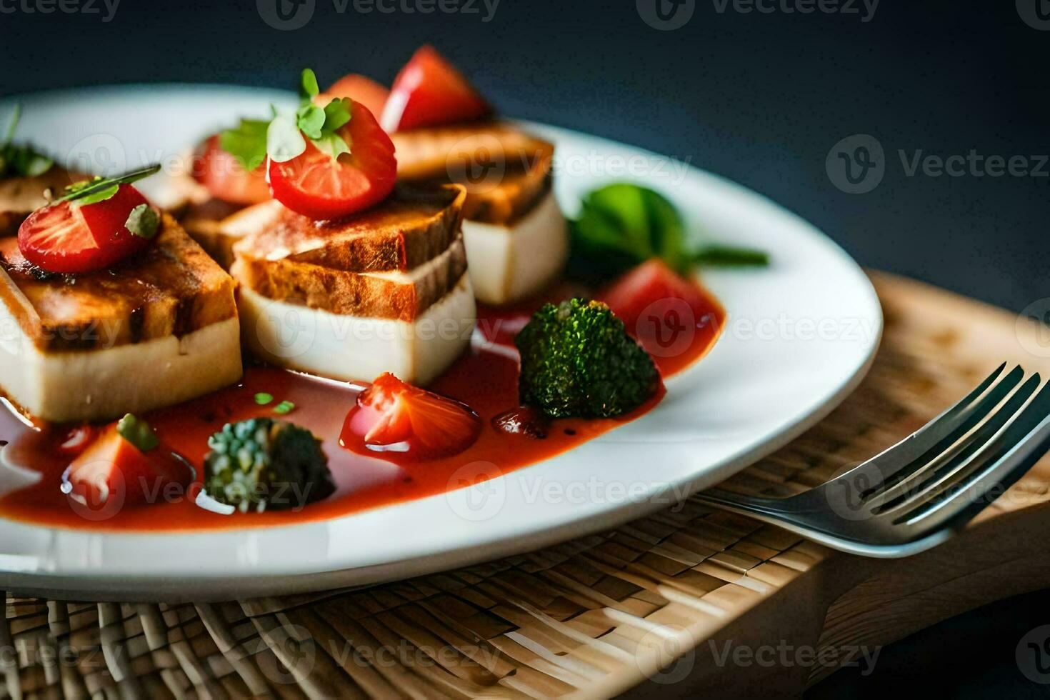 en tallrik med tofu, jordgubbar och broccoli. ai-genererad foto