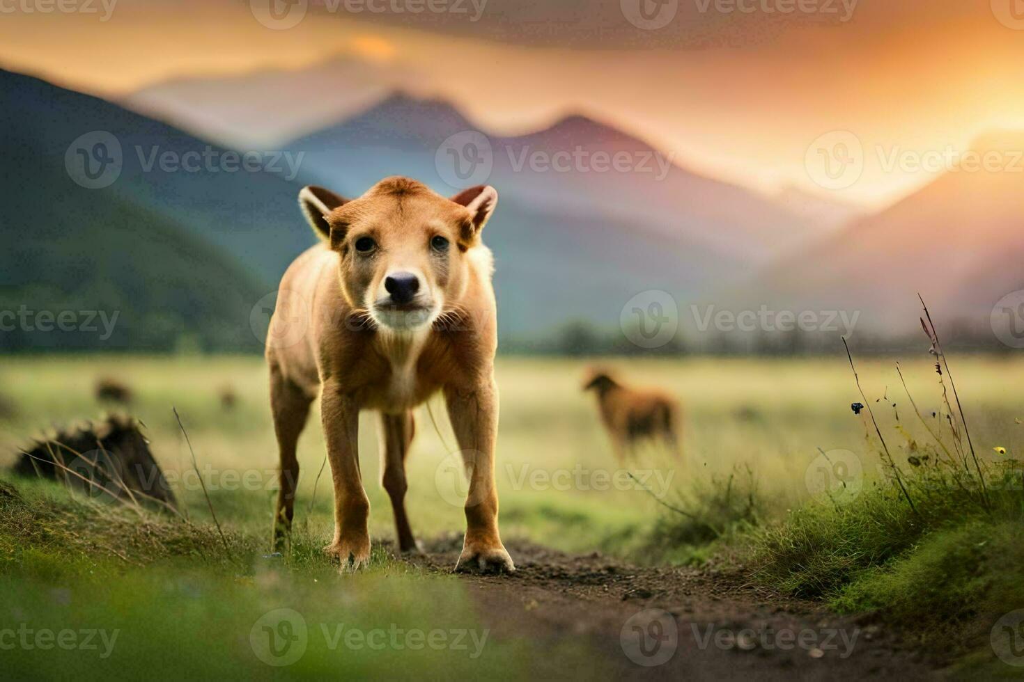 en ko stående på en smuts väg i främre av berg. ai-genererad foto