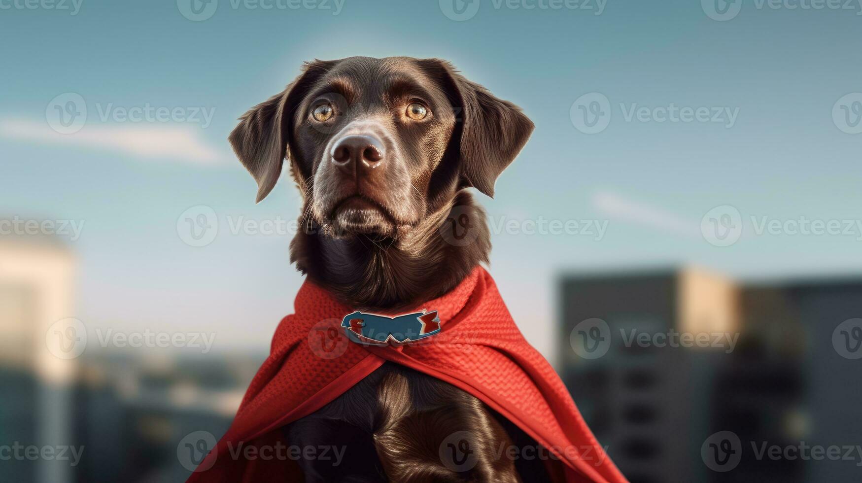 porträtt av en hund klädd som en superhjälte med en röd cape foto