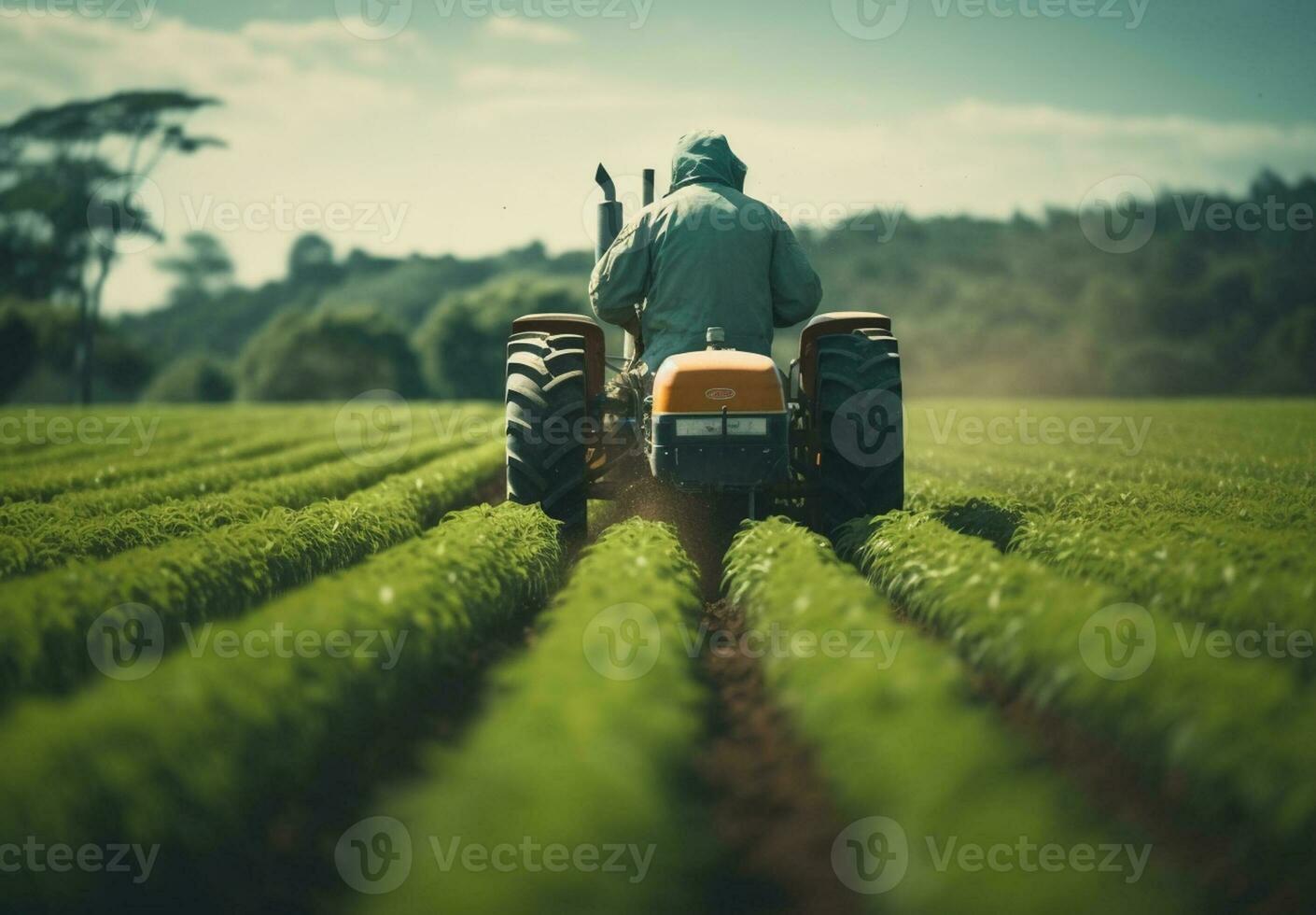jordbruks traktor med bilagor enheter genom bruka fält och jordbruks bakgrund foto