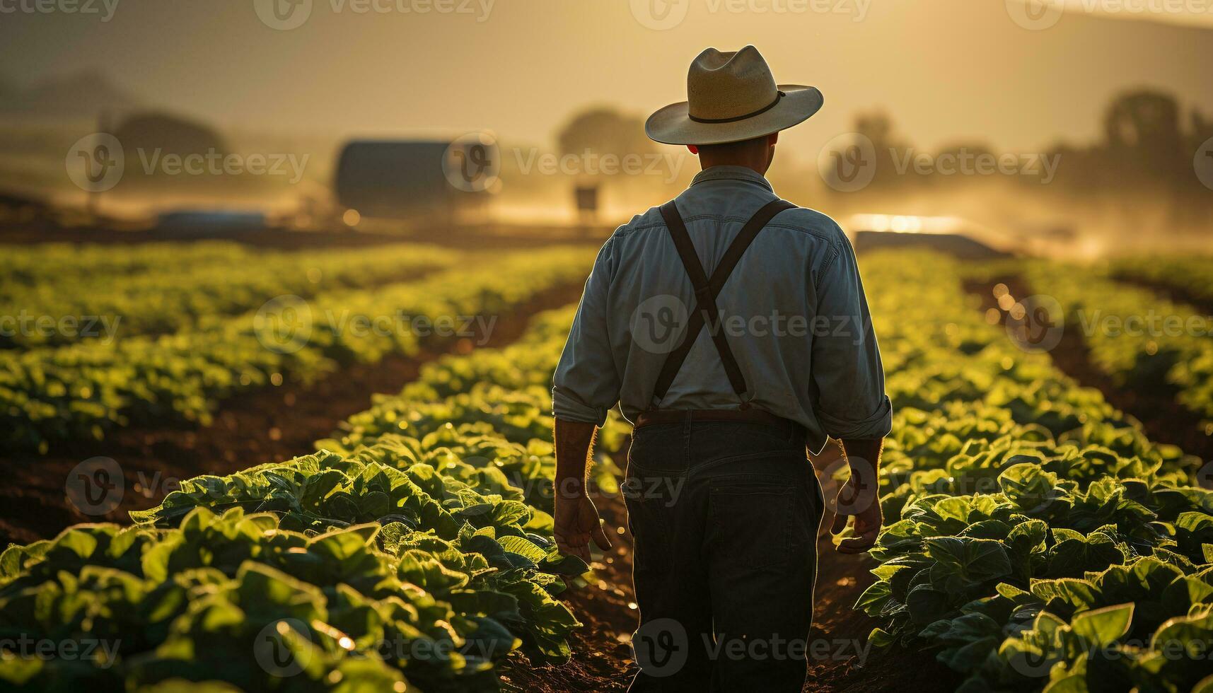 en mogna jordbrukare arbetssätt i de fält på soluppgång, skörd gröda genererad förbi ai foto
