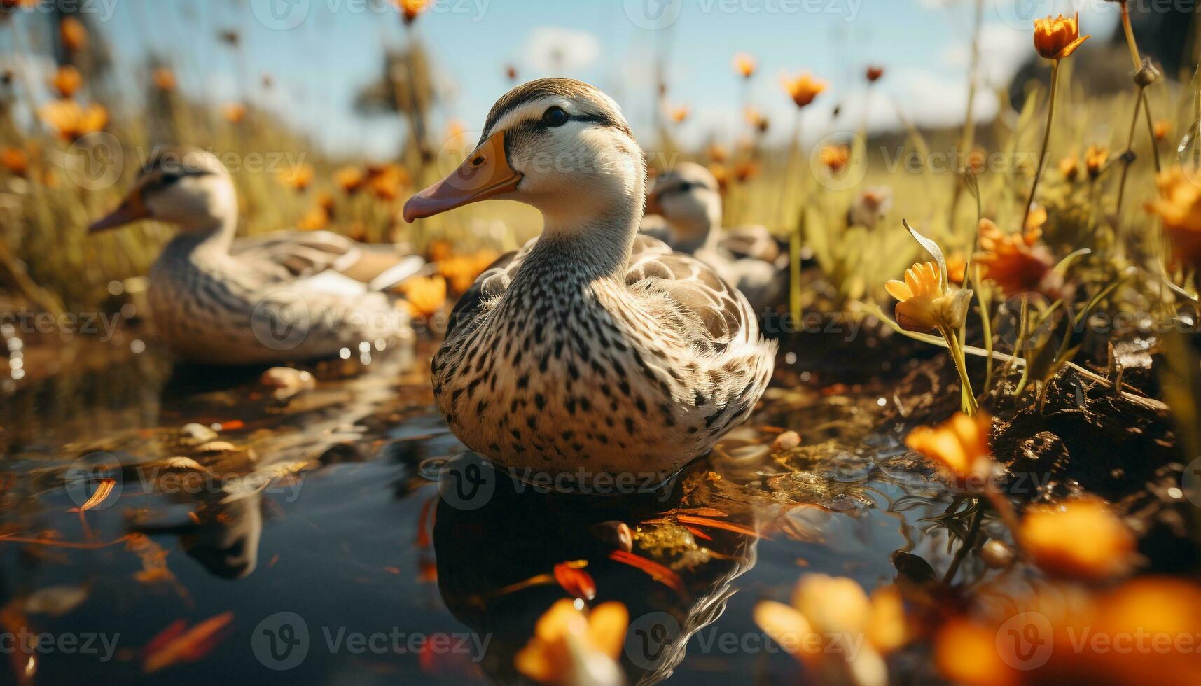 natur skönhet reflekterad i lugn damm, ankor quacking i harmoni genererad förbi ai foto