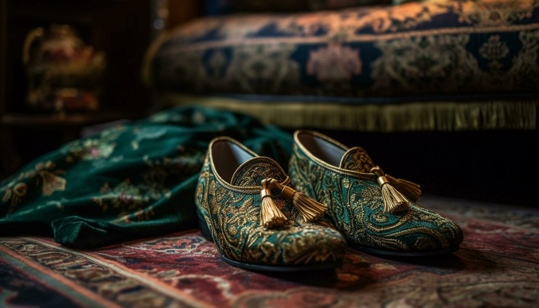 bekväm läder skor Lägg till elegans till de modern modern sovrum genererad förbi ai foto