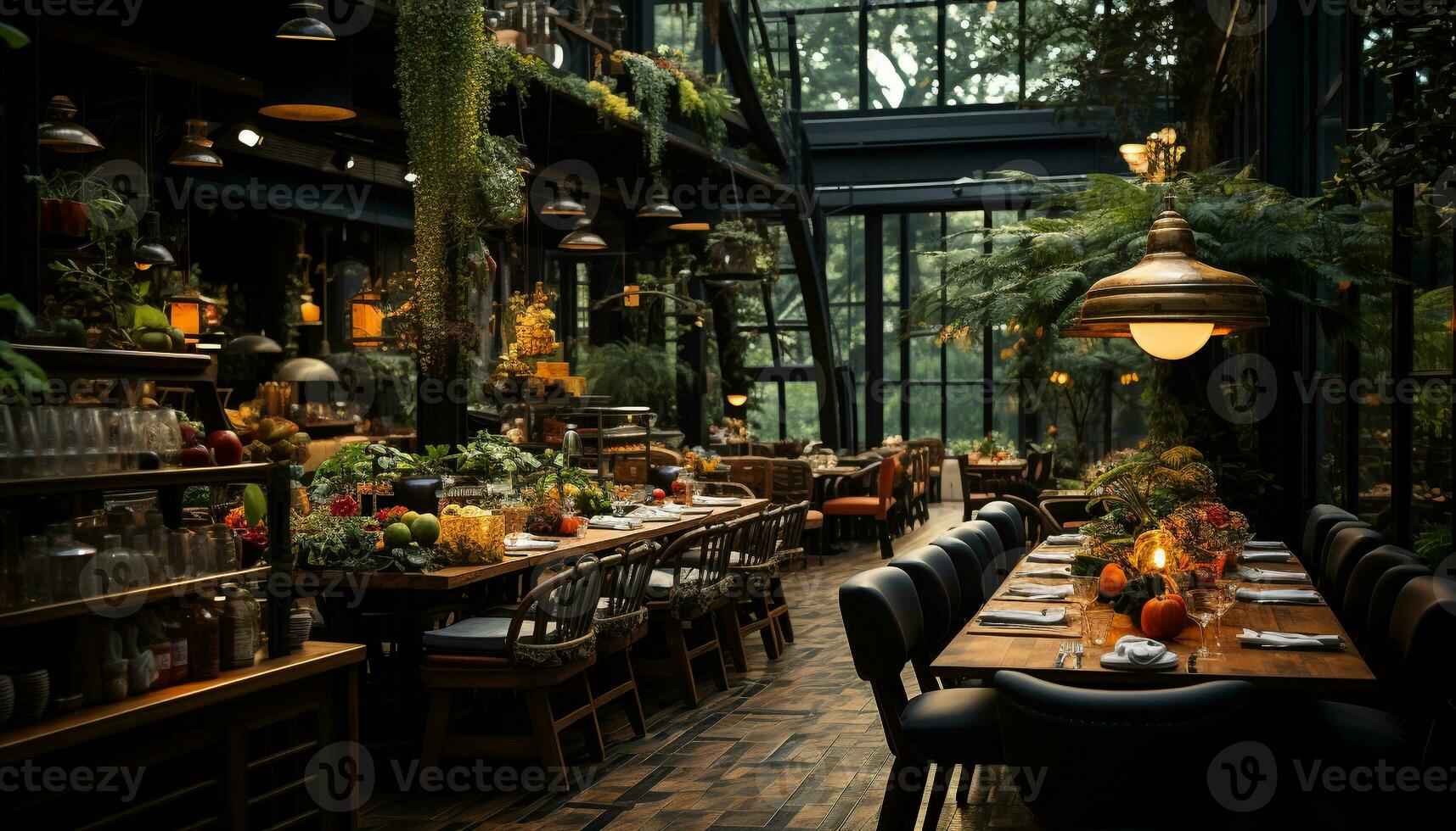 inomhus- dining tabell med elegant stolar, omgiven förbi blommor och växter genererad förbi ai foto
