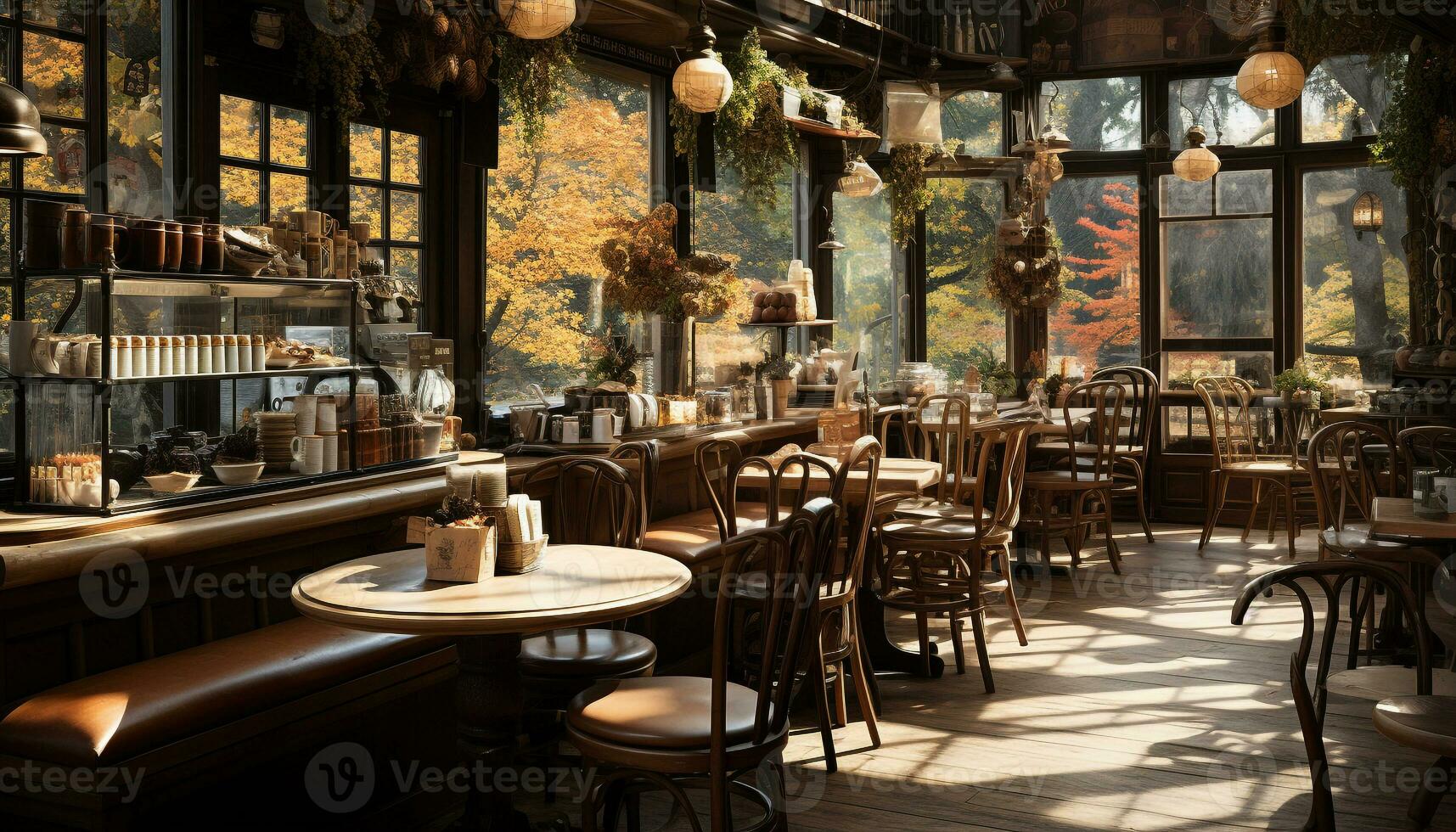 bekväm stol inuti en modern kaffe affär med rustik elegans genererad förbi ai foto