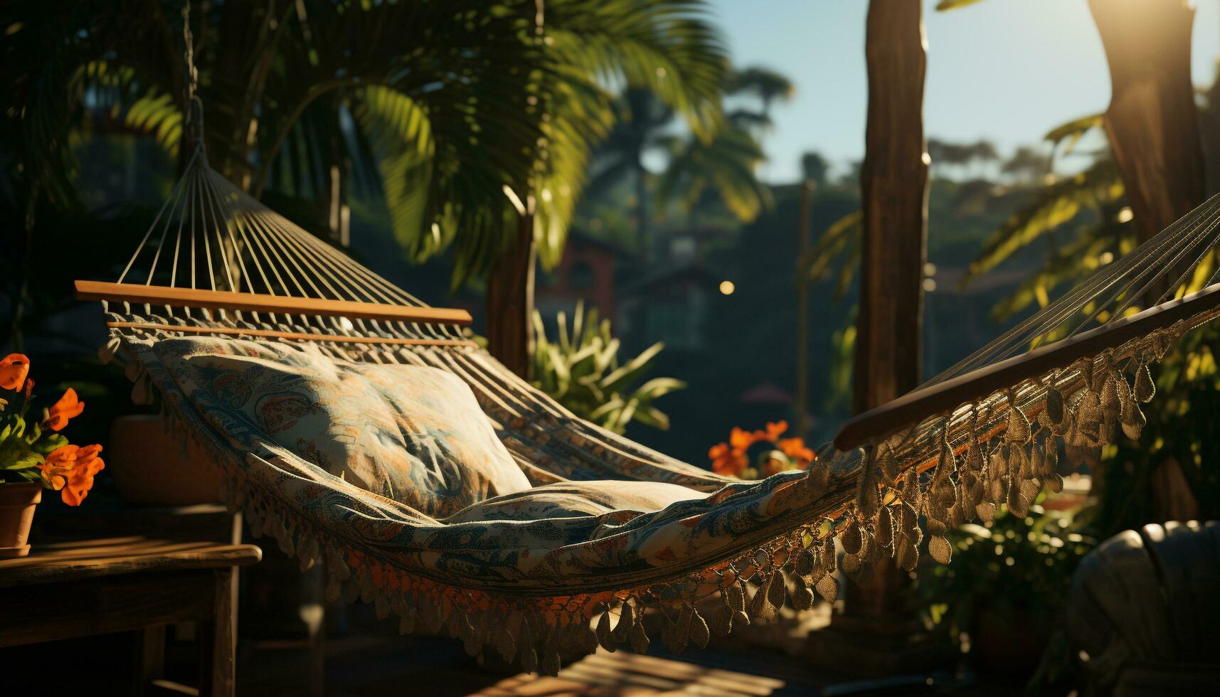 lugn scen hängmatta vilar under handflatan träd, njuter tropisk solnedgång genererad förbi ai foto