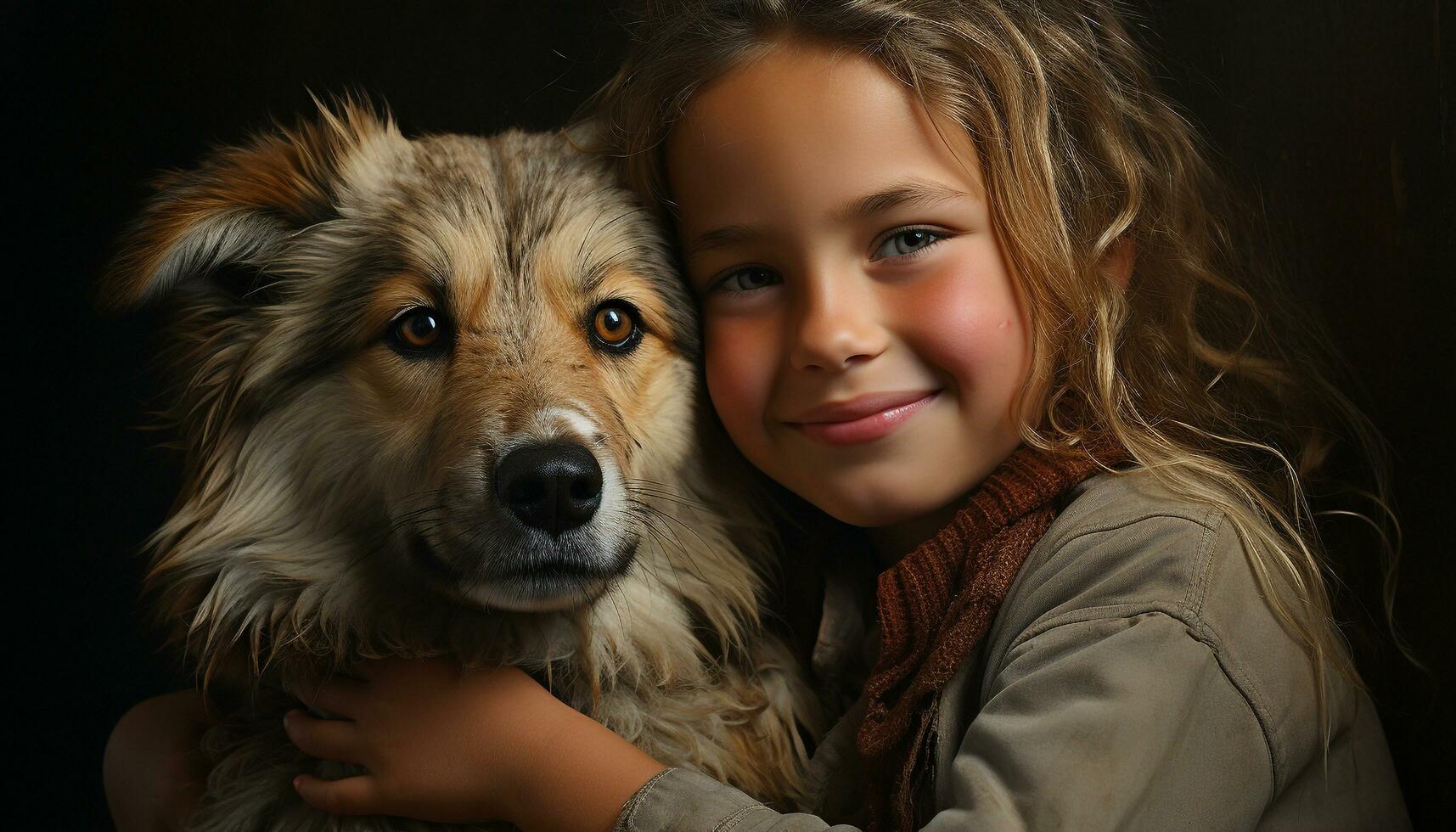 söt hund leende, barn porträtt, ser på kamera, lycka genererad förbi ai foto