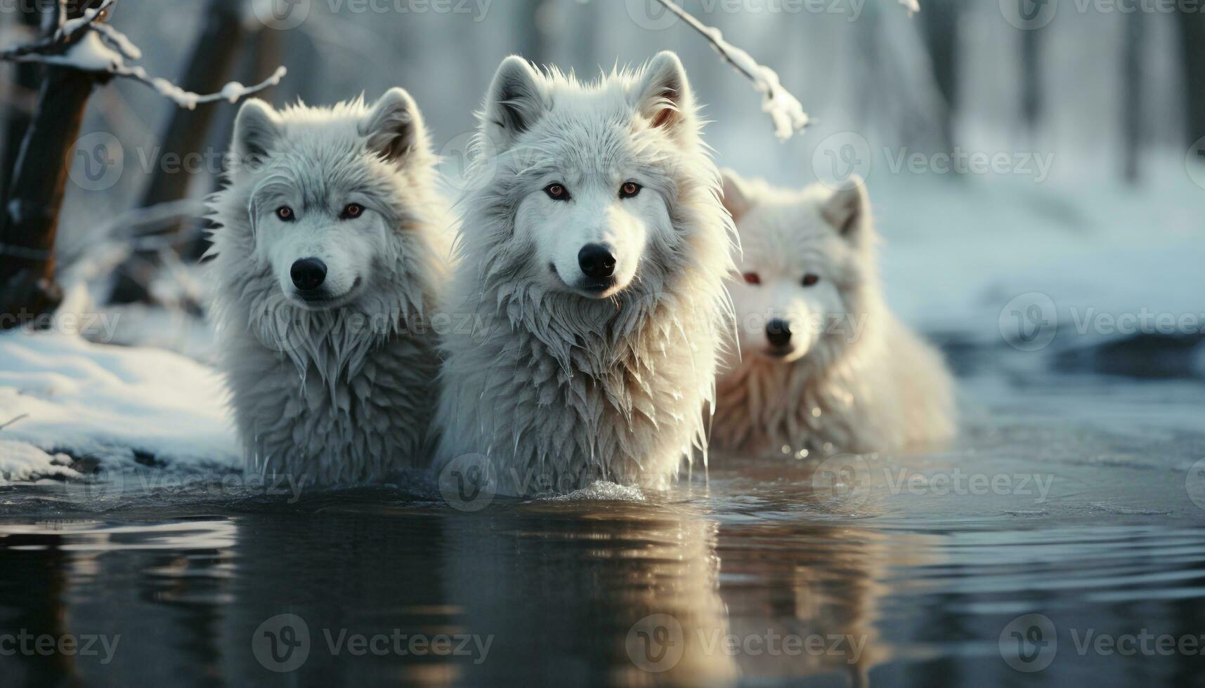 en söt samojed valp spelar i de snöig arktisk utomhus genererad förbi ai foto