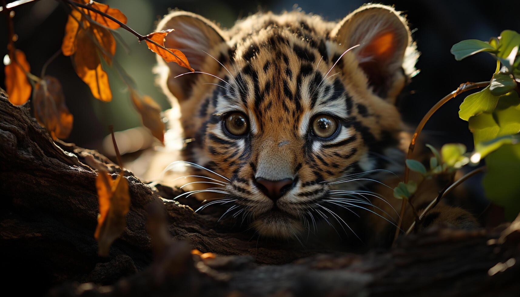 tiger dölja i de skog, stirrande med skönhet i natur genererad förbi ai foto