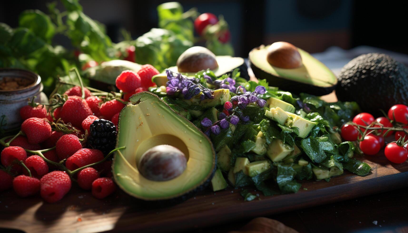 friskhet och natur kombinera i en friska gourmet vegetarian måltid genererad förbi ai foto