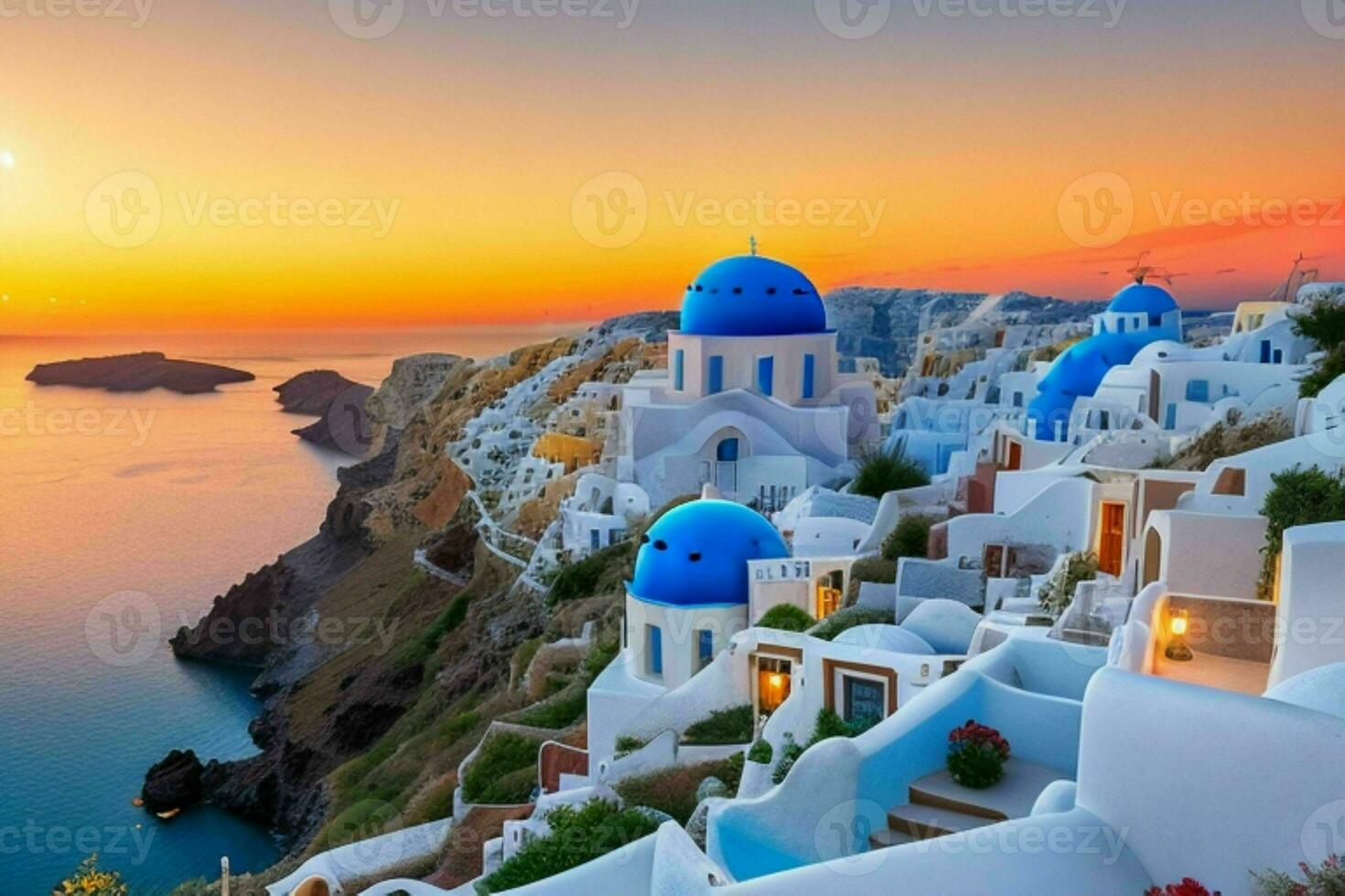 landskap medelhavs santorini ö, grekland . ai generativ proffs Foto