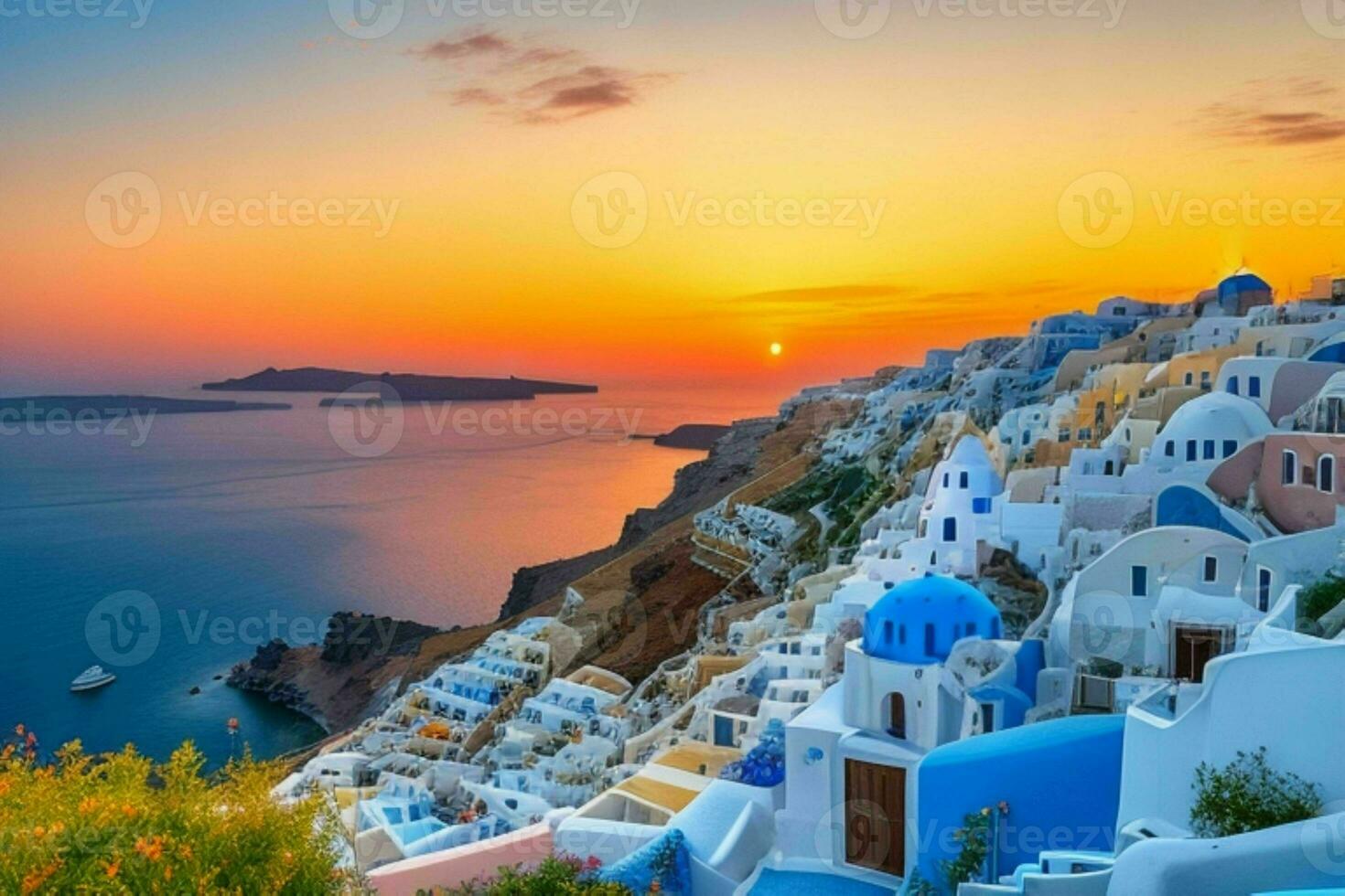 landskap medelhavs santorini ö, grekland . ai generativ proffs Foto