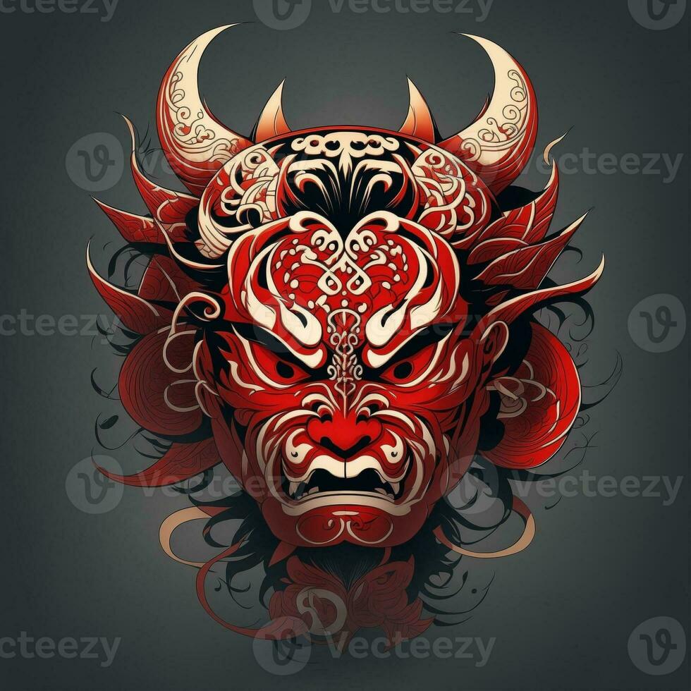 röd japansk hannya mask för t-shirts, spel, e-sport, etc. ai genererad foto