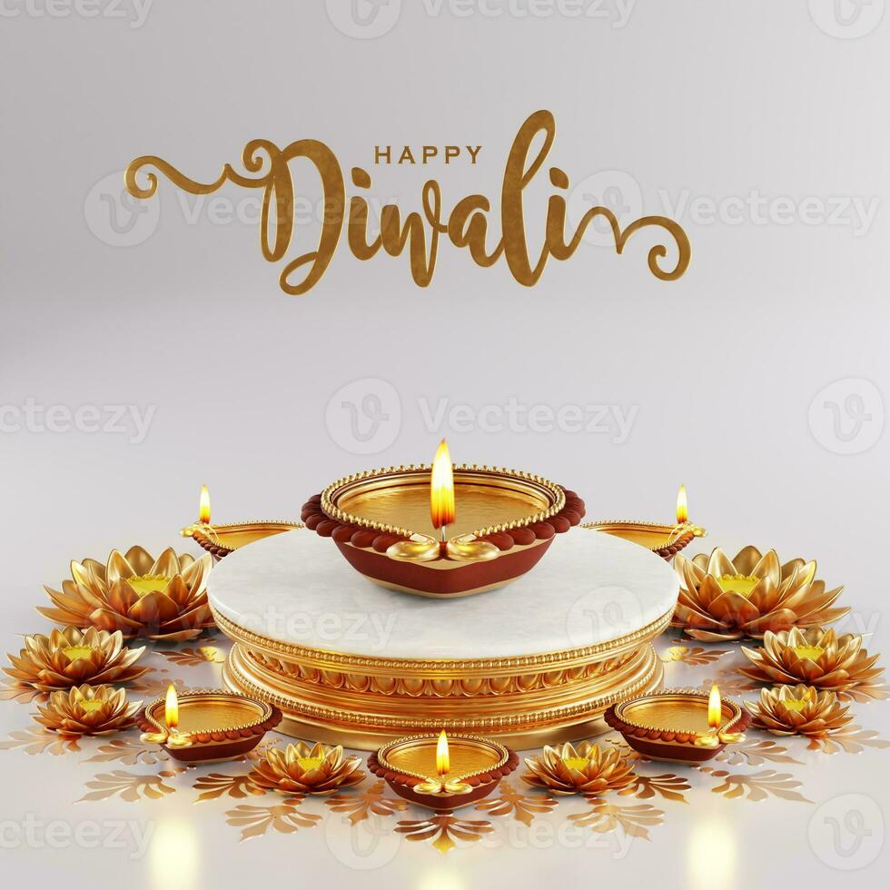 3d tolkning för diwali festival diwali, deepavali eller dipavali de festival av lampor Indien med guld diya mönstrad på Färg bakgrund. foto