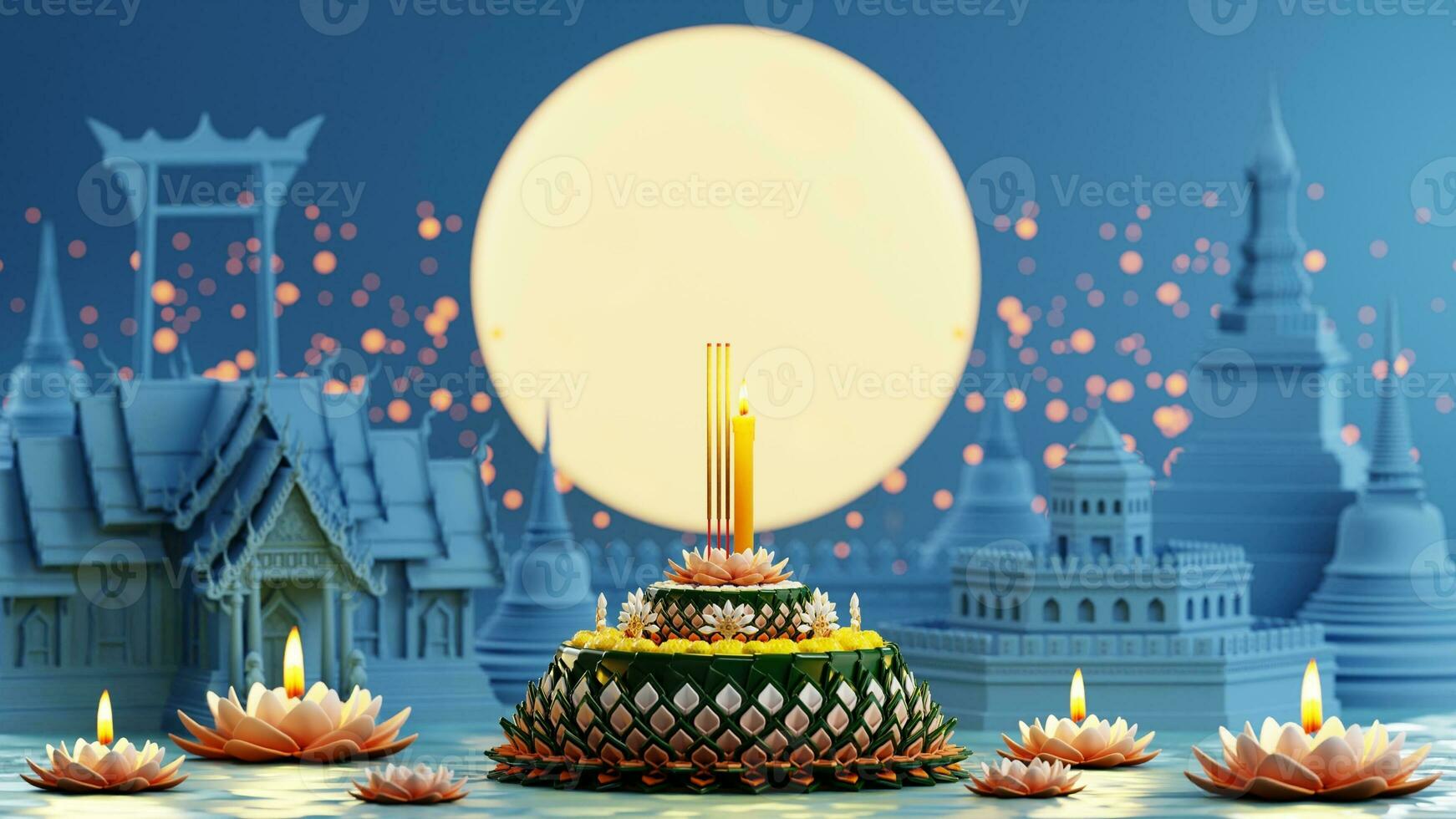 3d tolkning illustration loy krathong festival och yi peng festival i thailand krathong från banan löv, blommor, ljus och rökelse pinnar, fullmåne, flod, och natt bakgrund Färg. foto