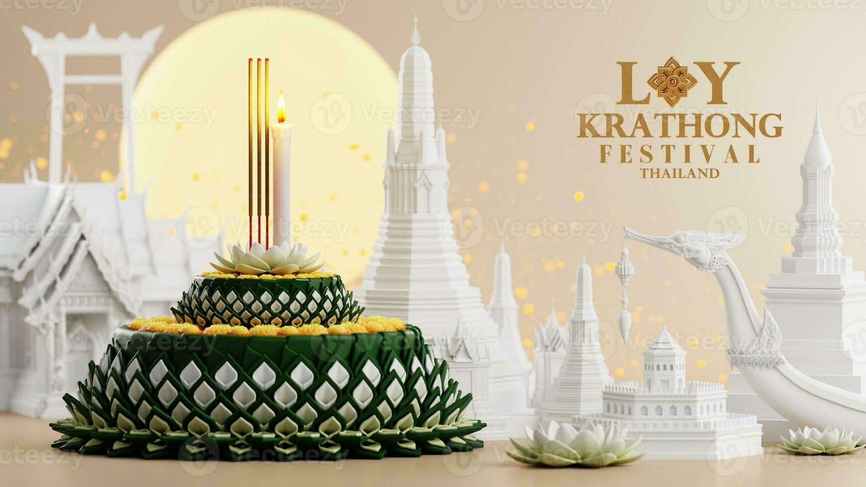 3d tolkning illustration loy krathong festival och yi peng festival i thailand krathong från banan löv, blommor, ljus och rökelse pinnar, fullmåne, flod, och natt bakgrund Färg. foto