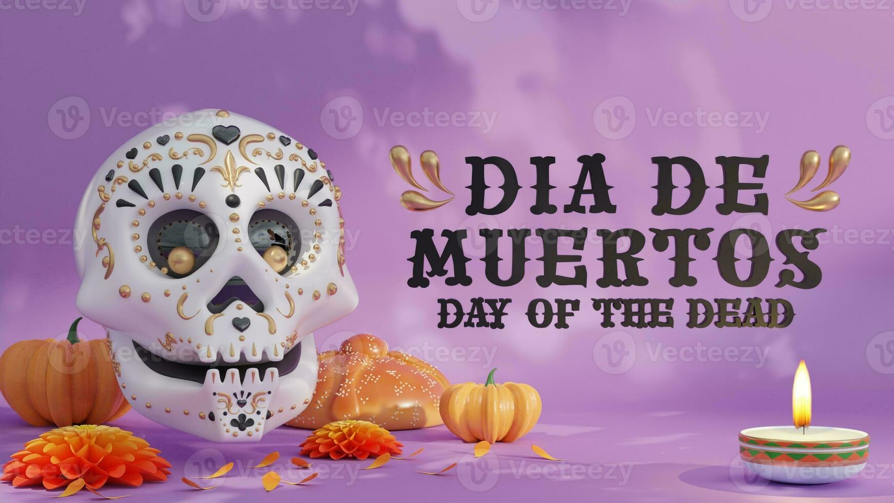 3d tolkning illustration för dag av de död, dia de muertos altare begrepp. sammansättning av söt socker skallar, vit ljus, ringblomma blommor av de död. 3d illustration. foto