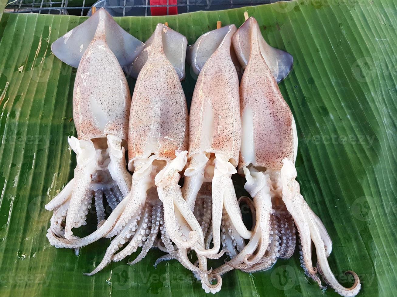 bläckfiskar på bananblad för grill på thailändsk marknad foto