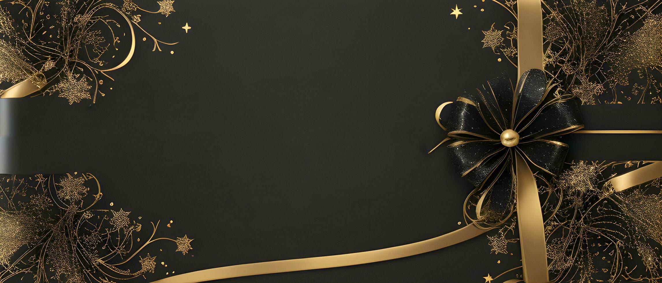 ett elegant jul hälsningar baner med gyllene virvla runt band graciöst lindning runt om lysande stjärnor på en rik svart bakgrund foto