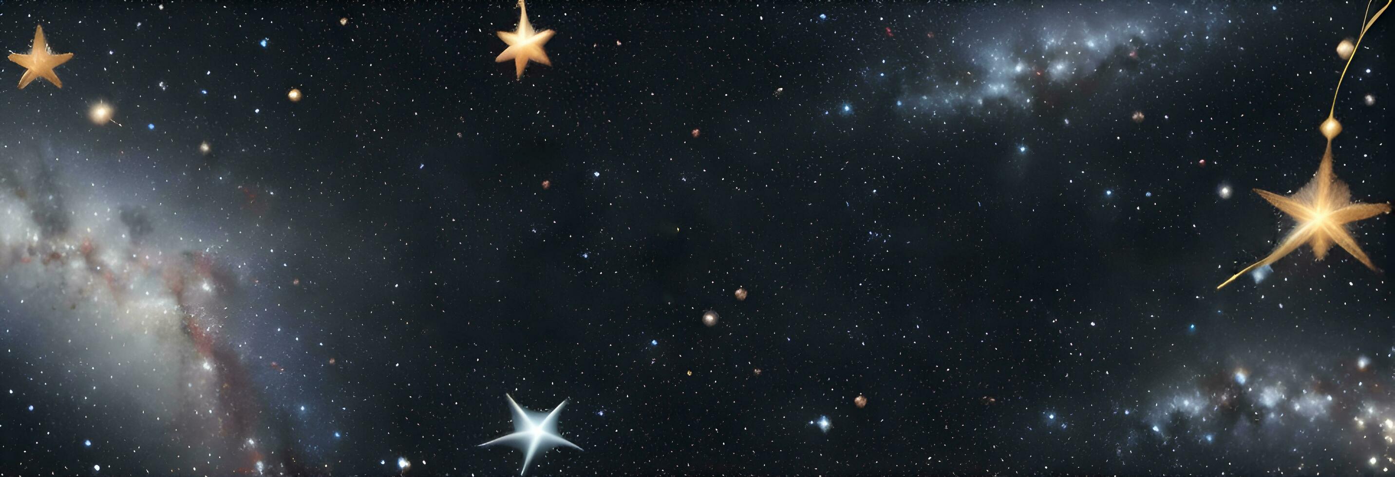 kosmiskt tema jul hälsningar baner med virvlande galaxliknande band och gnistrande stjärnor mot en djup svart duk foto