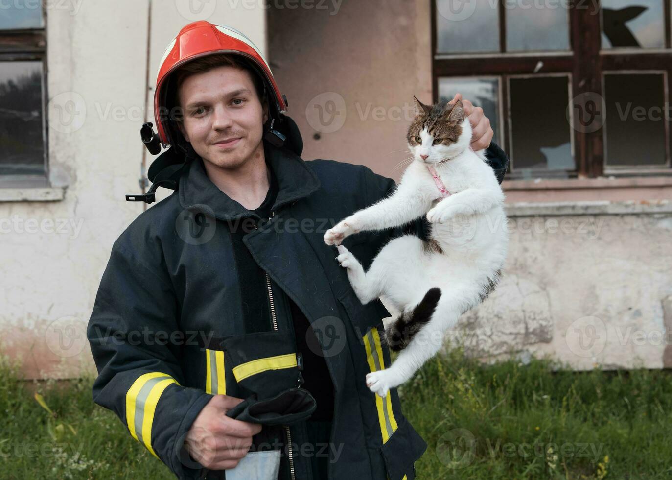 närbild porträtt av heroisk- brandman i skyddande kostym och röd hjälm innehar sparade katt i hans vapen. brandman i brand stridande drift. foto