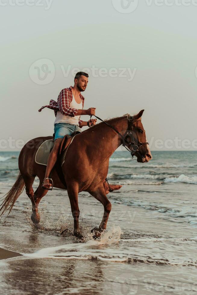 en modern man i sommar kläder åtnjuter ridning en häst på en skön sandig strand på solnedgång. selektiv fokus foto