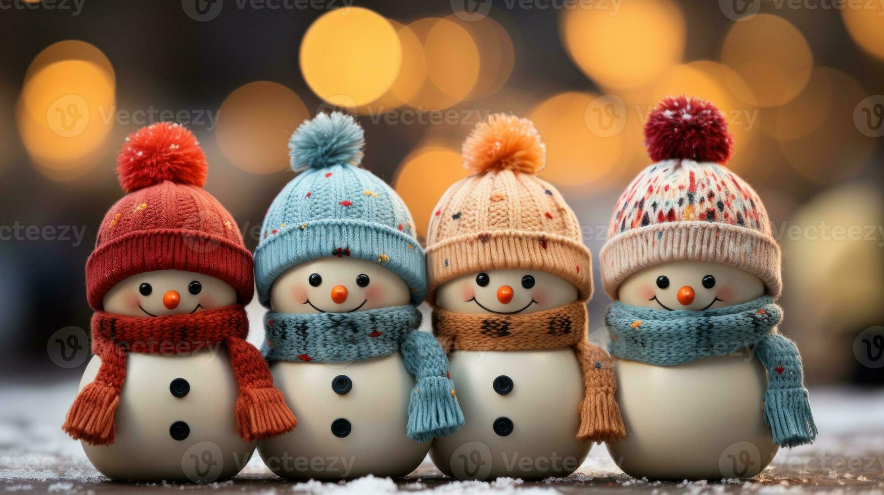 jul bakgrund med leende snowmen med ull hattar och halsdukar. glad jul Semester tapet foto