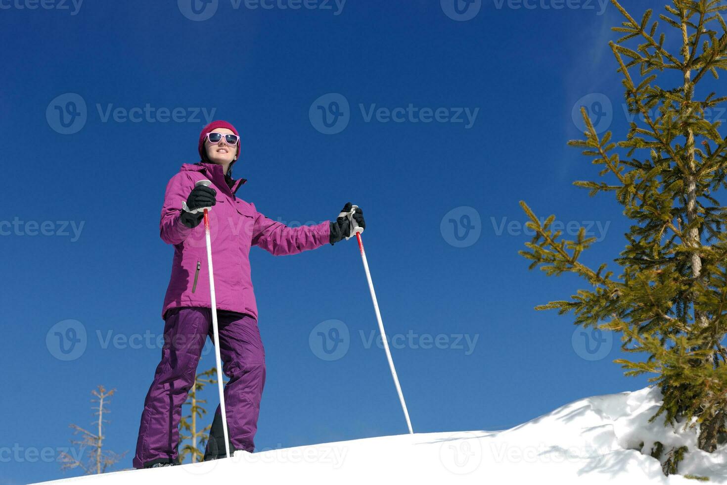 vinter- kvinna åka skidor foto