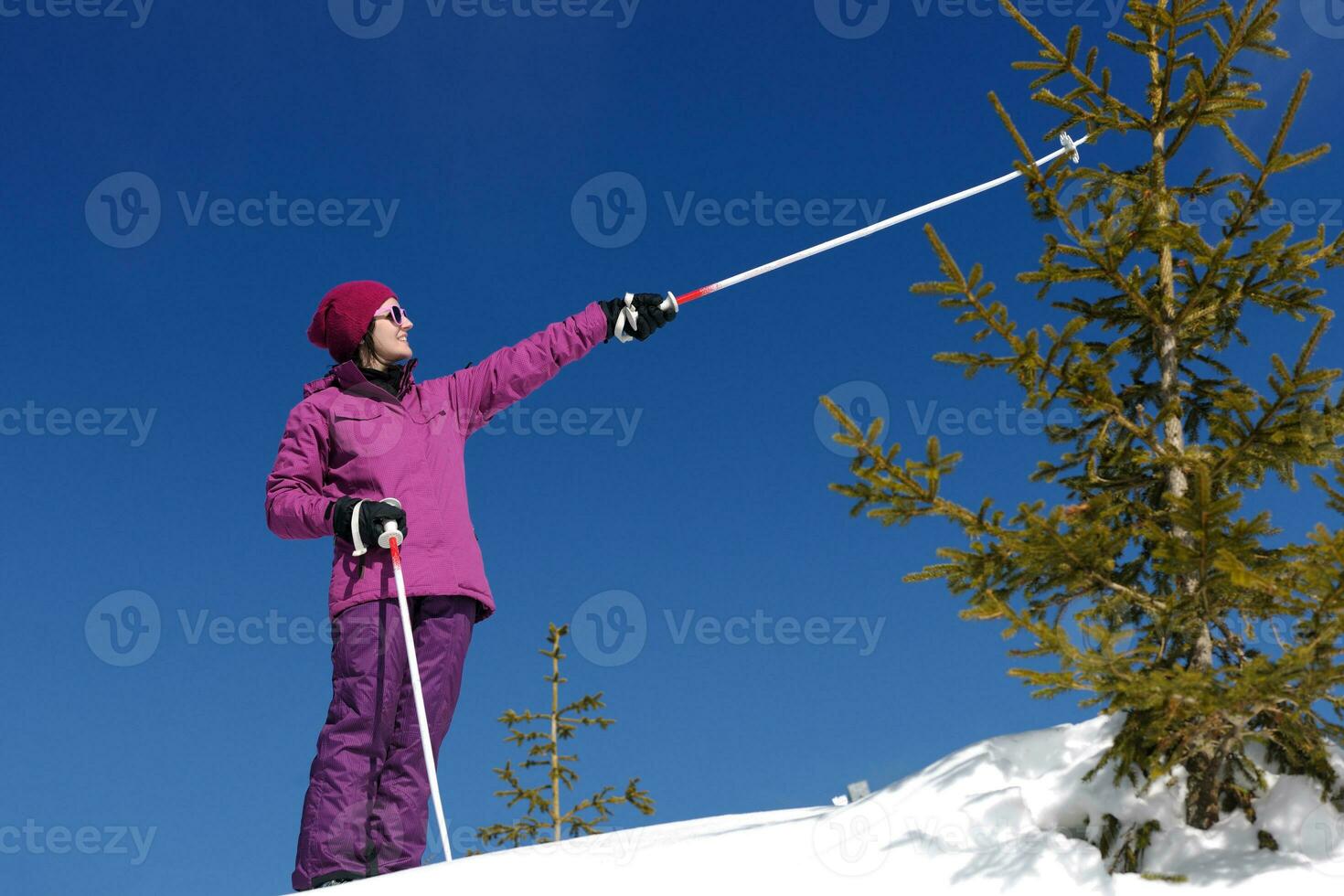 vinter- kvinna åka skidor foto