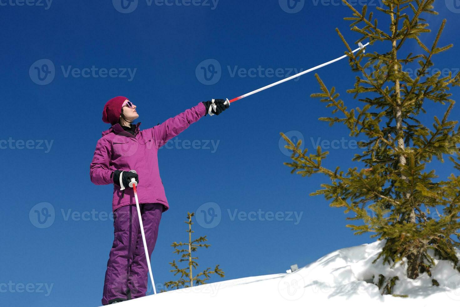 vinter- kvinna åka skidor foto