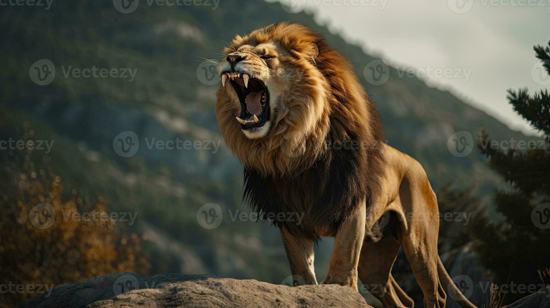 porträtt lejon stående på de sten med ljus exponering ai generativ foto