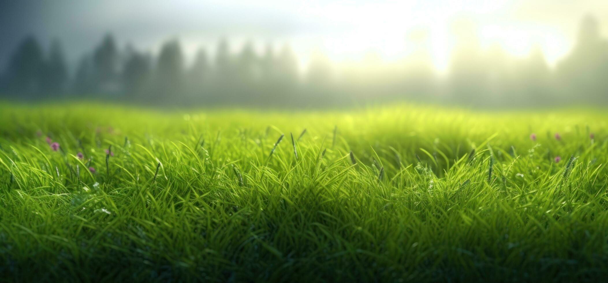 frodig grön gräs på äng i morgon- ljus, vår sommar utomhus närbild, kopia Plats, bred formatera. en skön konstnärlig skildring av de renhet och friskhet av natur. ai genererad foto