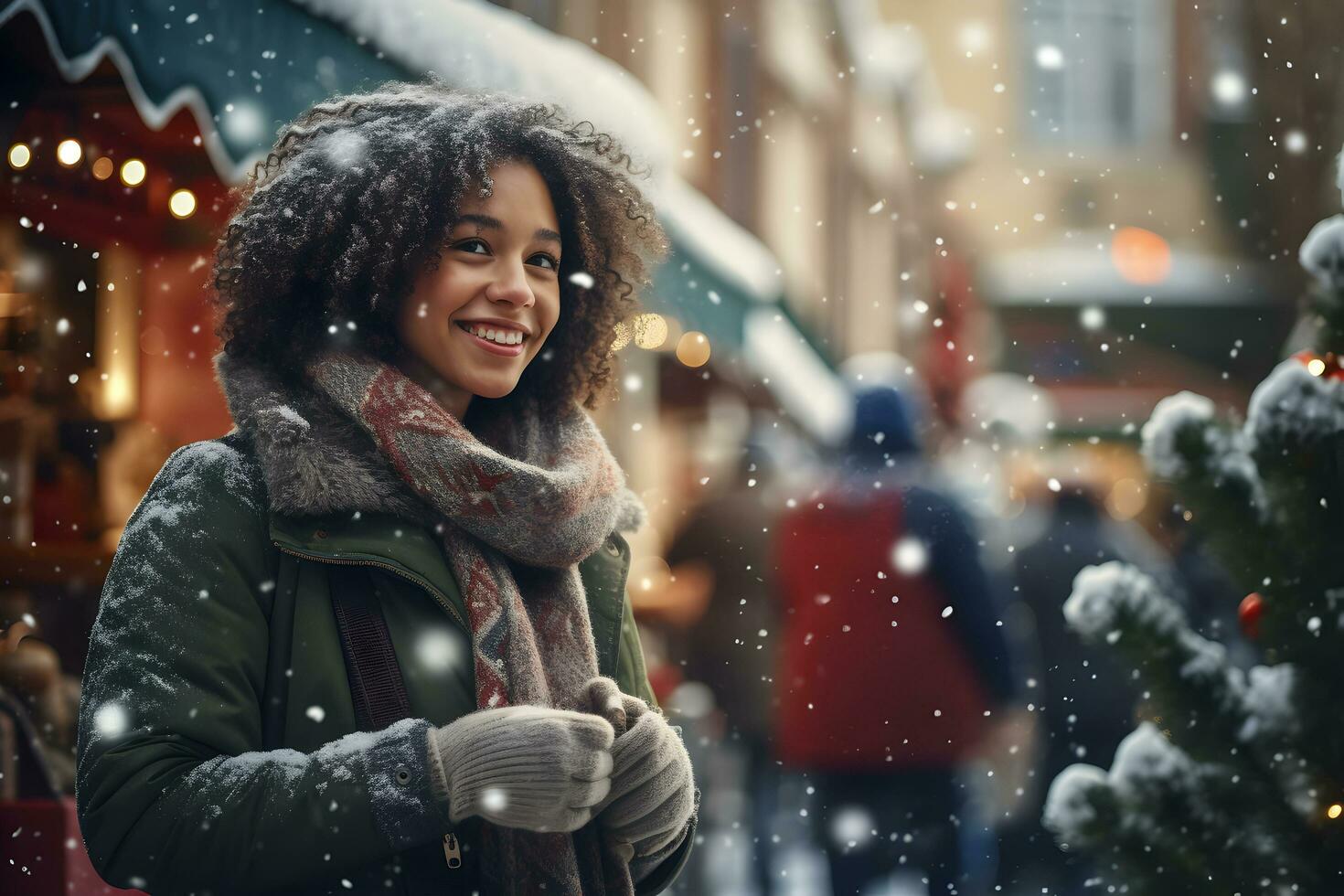 ung kvinna på jul marknadsföra med snöig väder, åtnjuter vinter- Semester väder. foto