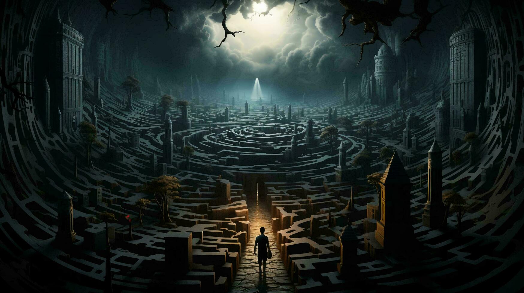 en man står i en labyrint och tänker, se från de tillbaka. de begrepp av svårighet i framställning en beslut foto