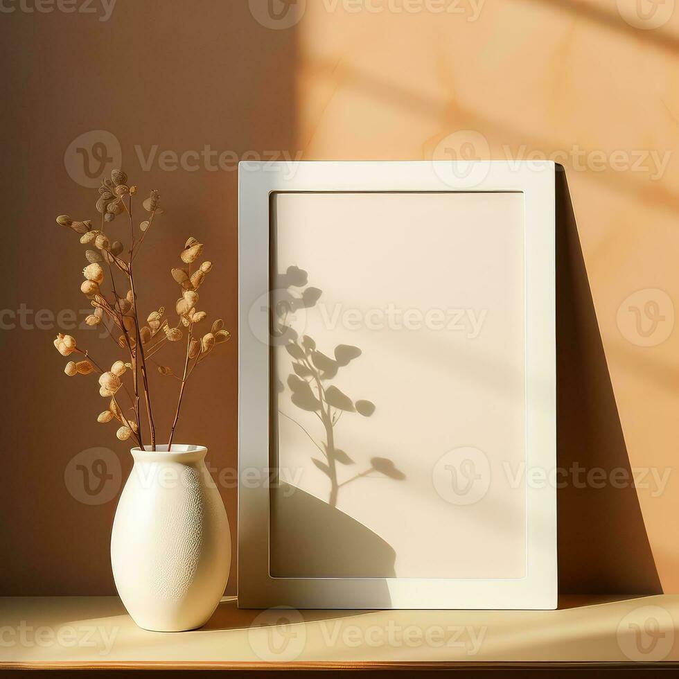 realistisk beige ram och växt vas på matt värma bakgrund ai genererad foto
