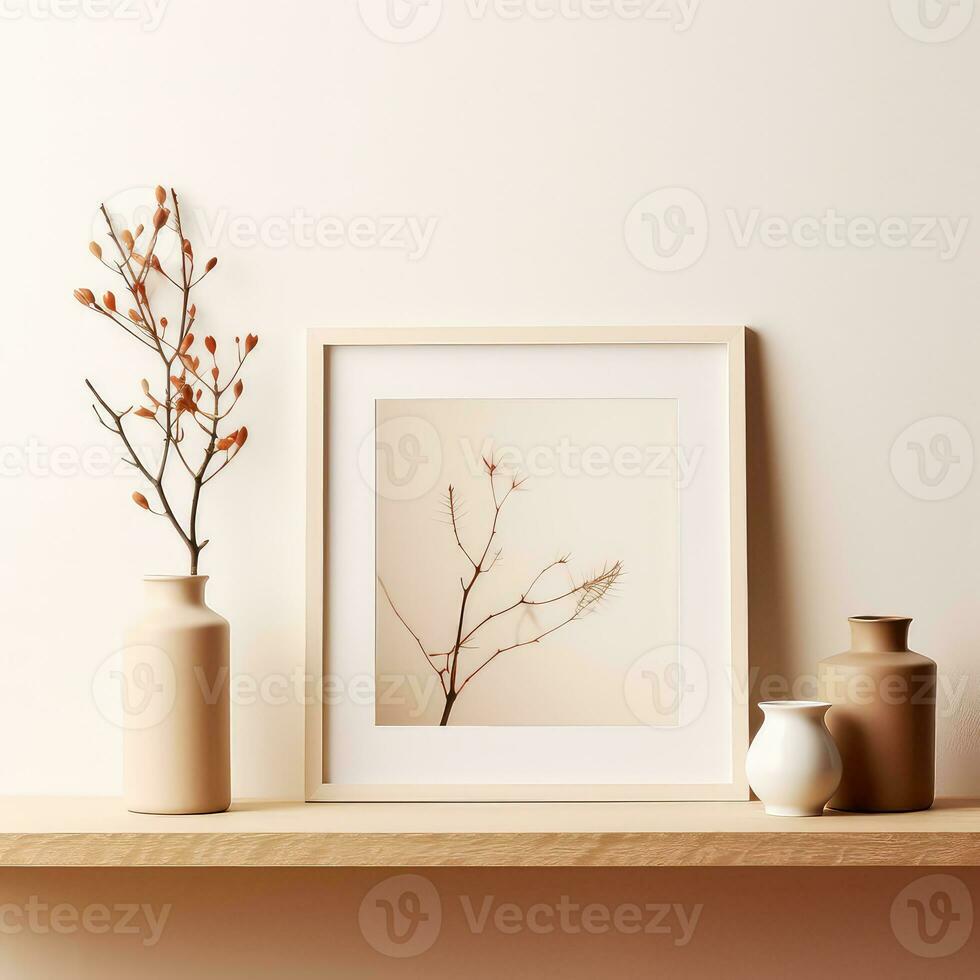 realistisk beige ram och växt vas på matt värma bakgrund ai genererad foto