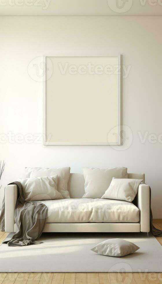 minimalistisk levande rum konstnärens ram på beige matta ai genererad foto