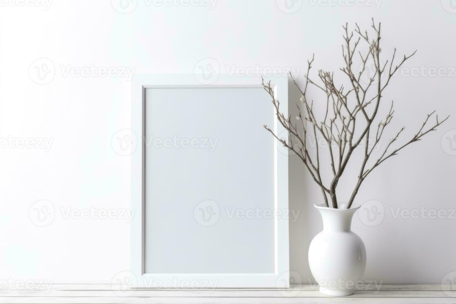 en vit ram står på en tabell med en vas och grenar. ai genererad foto