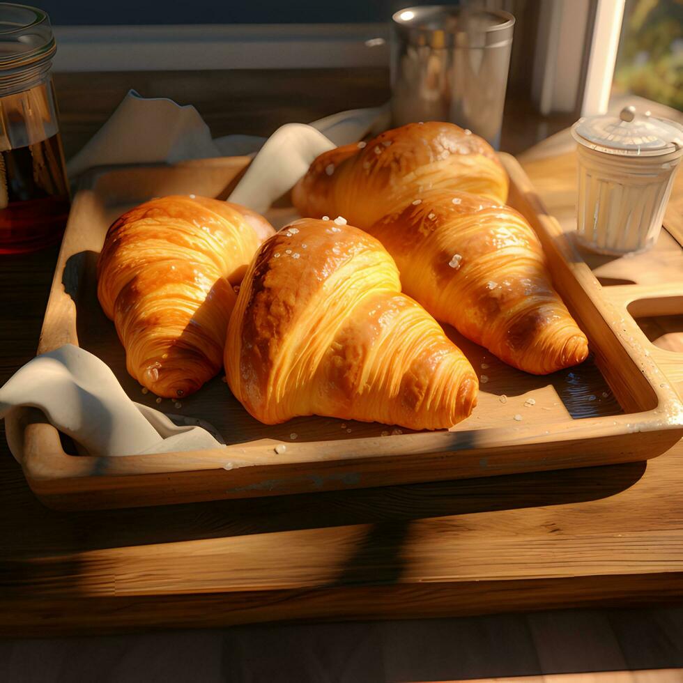 nyligen bakad croissanter på bricka ai generativ foto