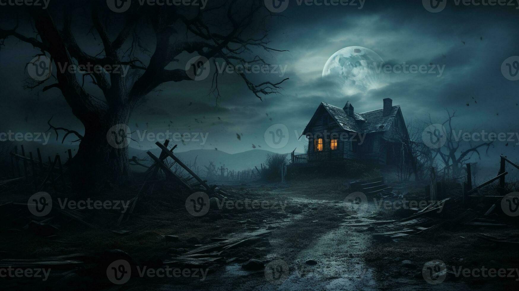 besatt hus i de natt med . skrämmande scen för festlig halloween dekoration. generativ ai foto