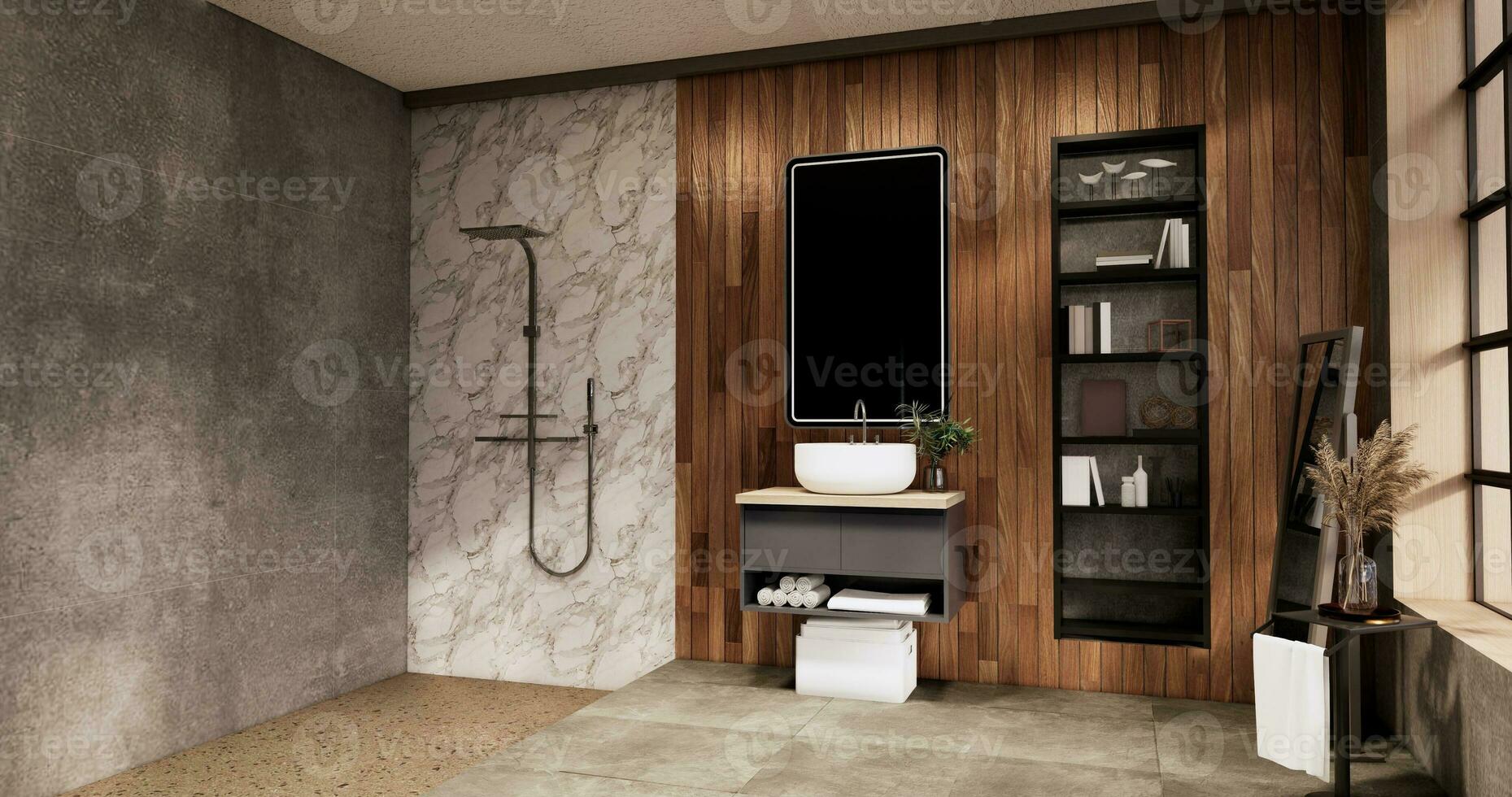 de bad och toalett på badrum japansk wabi sabi stil .3d tolkning foto