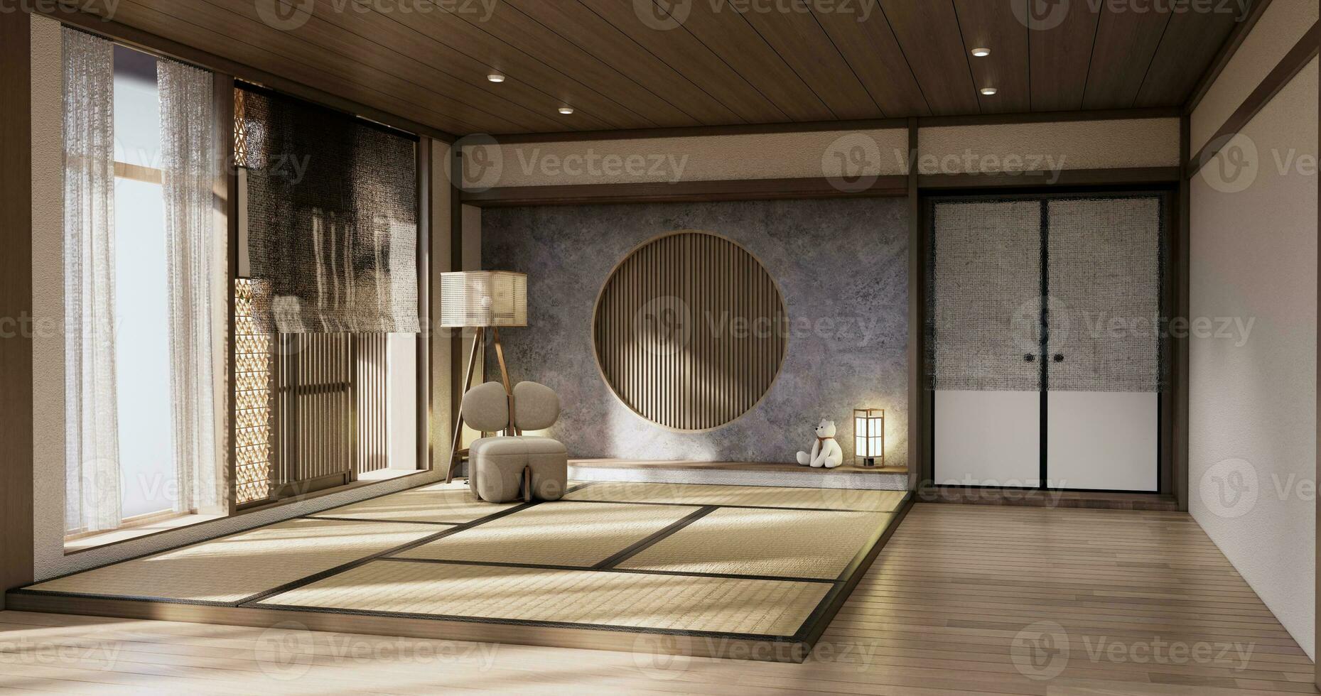 muji soffa fåtölj på levande rum tömma japandi stil. foto