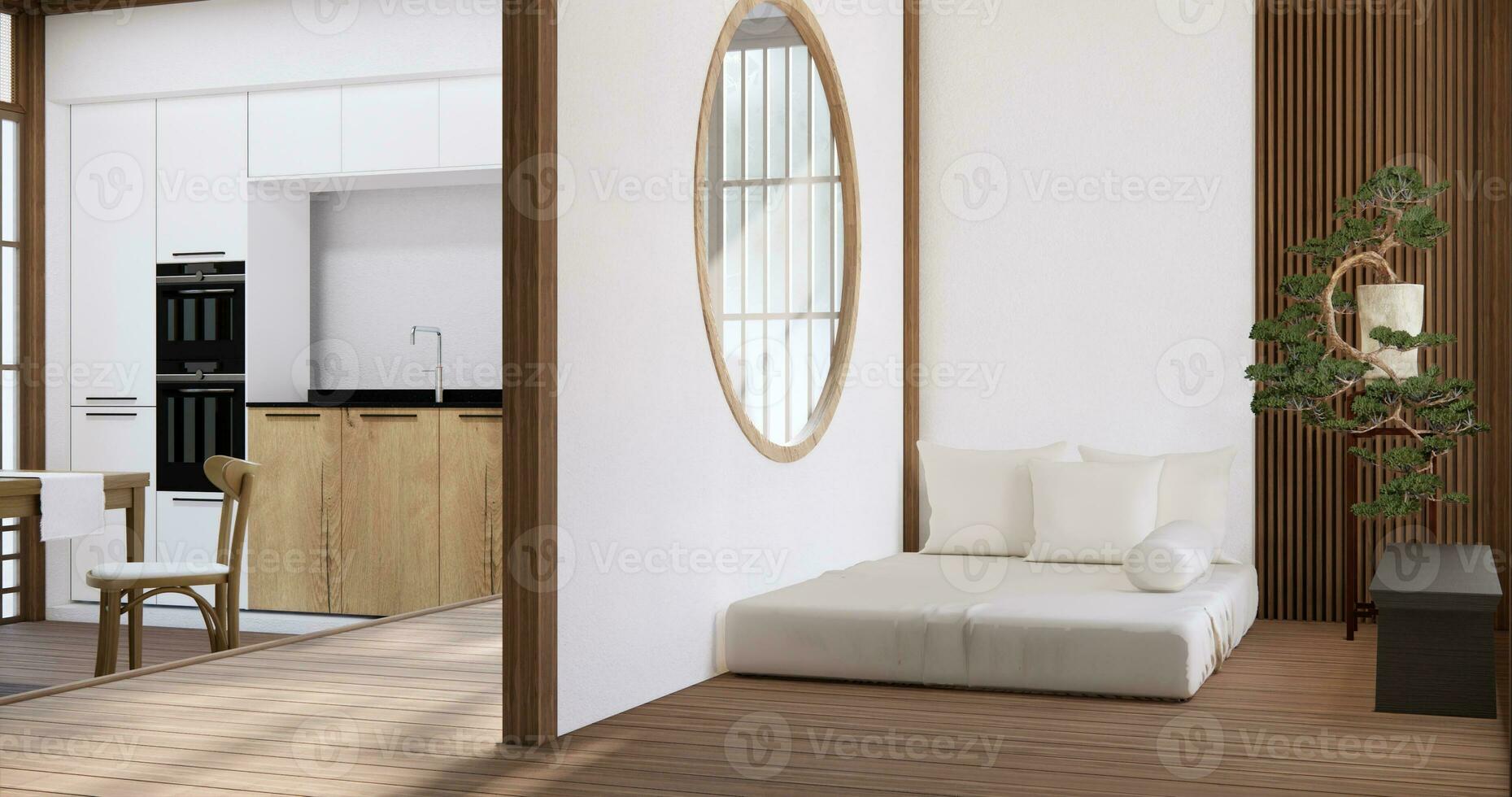 modern japan stil sovrum dekorerad och minimalistisk säng. foto