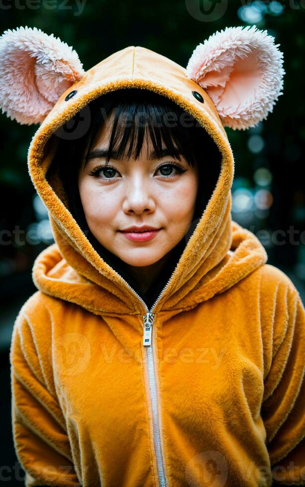 Foto av kvinna bär söt djur- kigurum jacka luvtröja , generativ ai