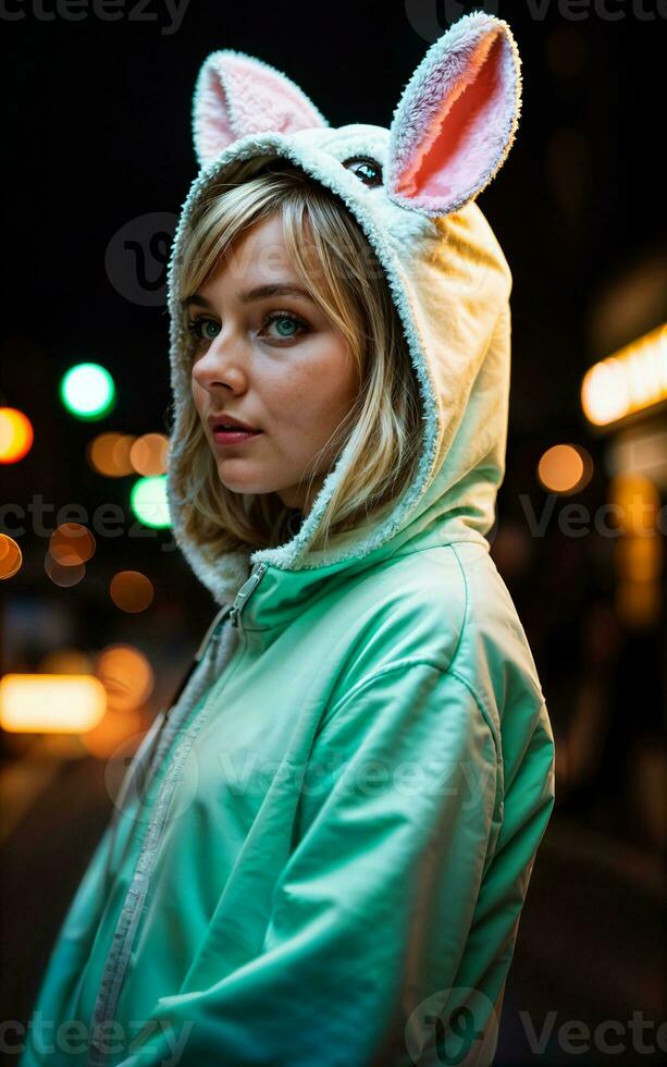 Foto av kvinna bär söt djur- kigurum jacka luvtröja , generativ ai