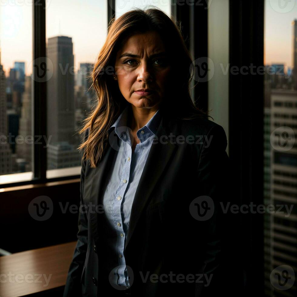 Foto av allvarlig kontor arbetssätt kvinna med hög stiga byggnad i bakgrund, generativ ai