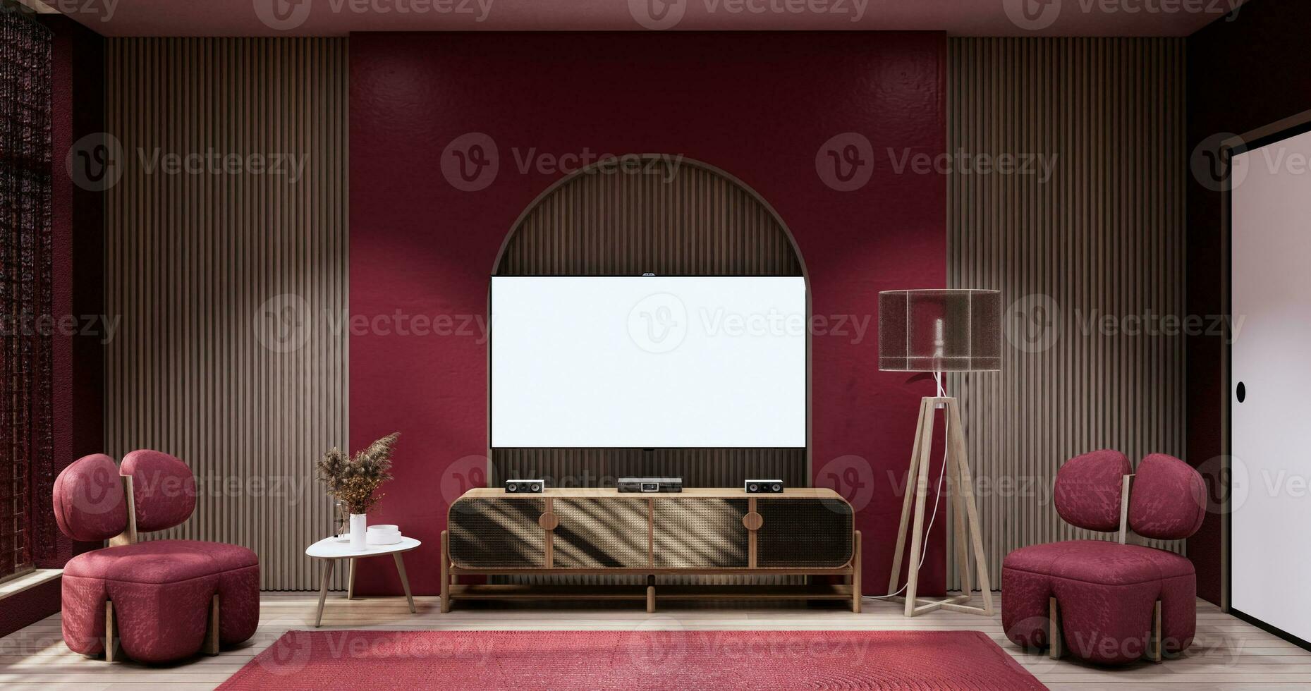 skåp i viva magenta levande rum med röd vägg och fåtölj japandi stil. foto