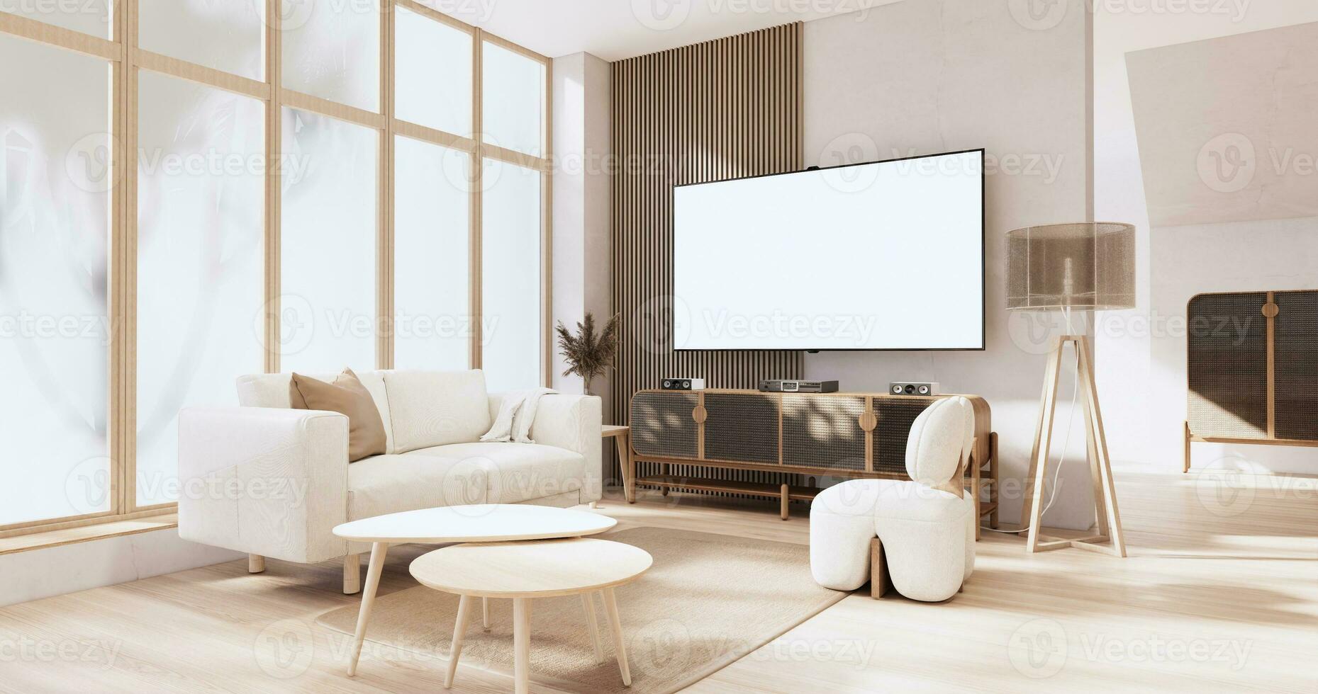 levande rum, skåp TV och soffa fåtölj minimalistisk design muji stil. foto